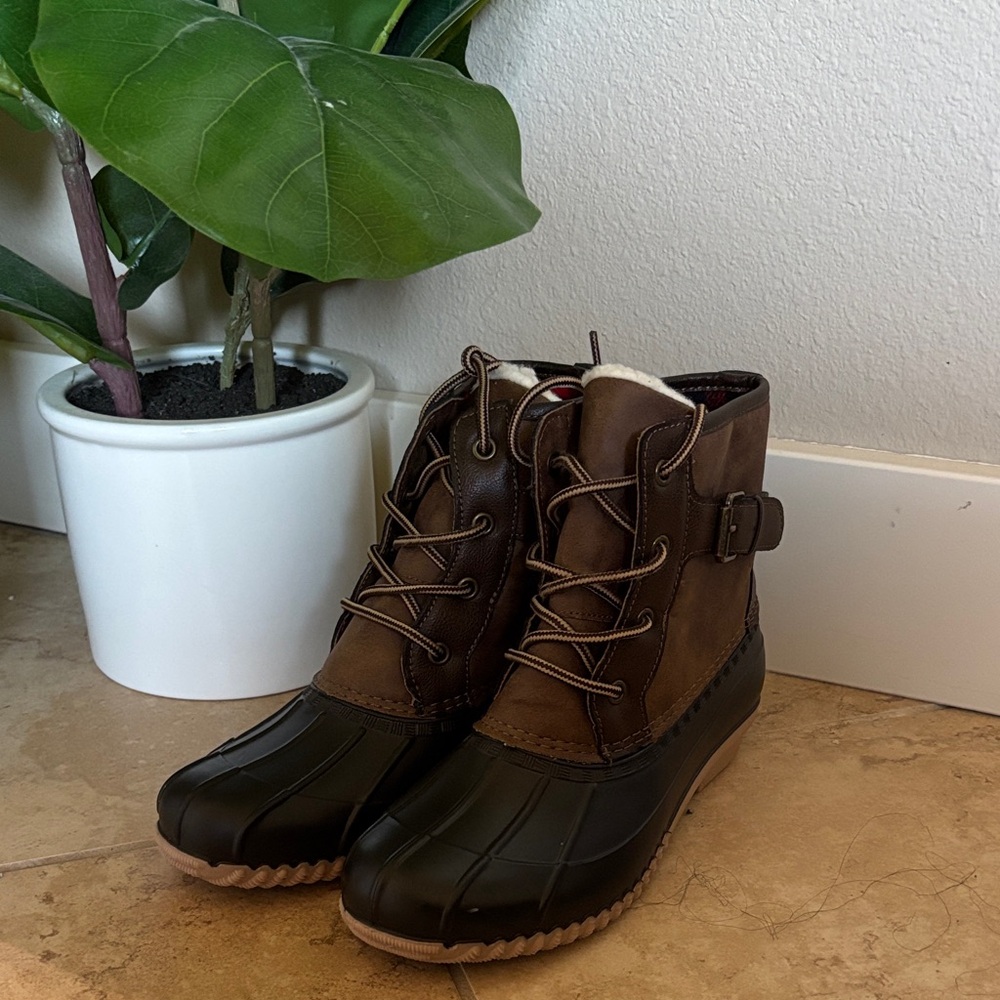 Brown and Black Duck Boots- madden girl